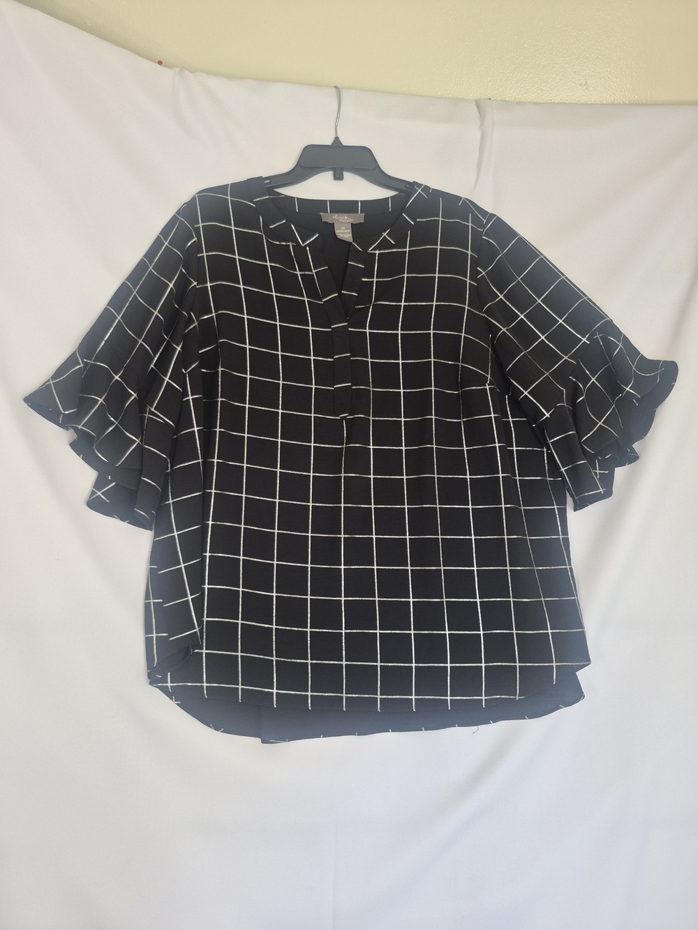 Olivia & Martin Windowpane Ruffle-Sleeve Blouse in Black